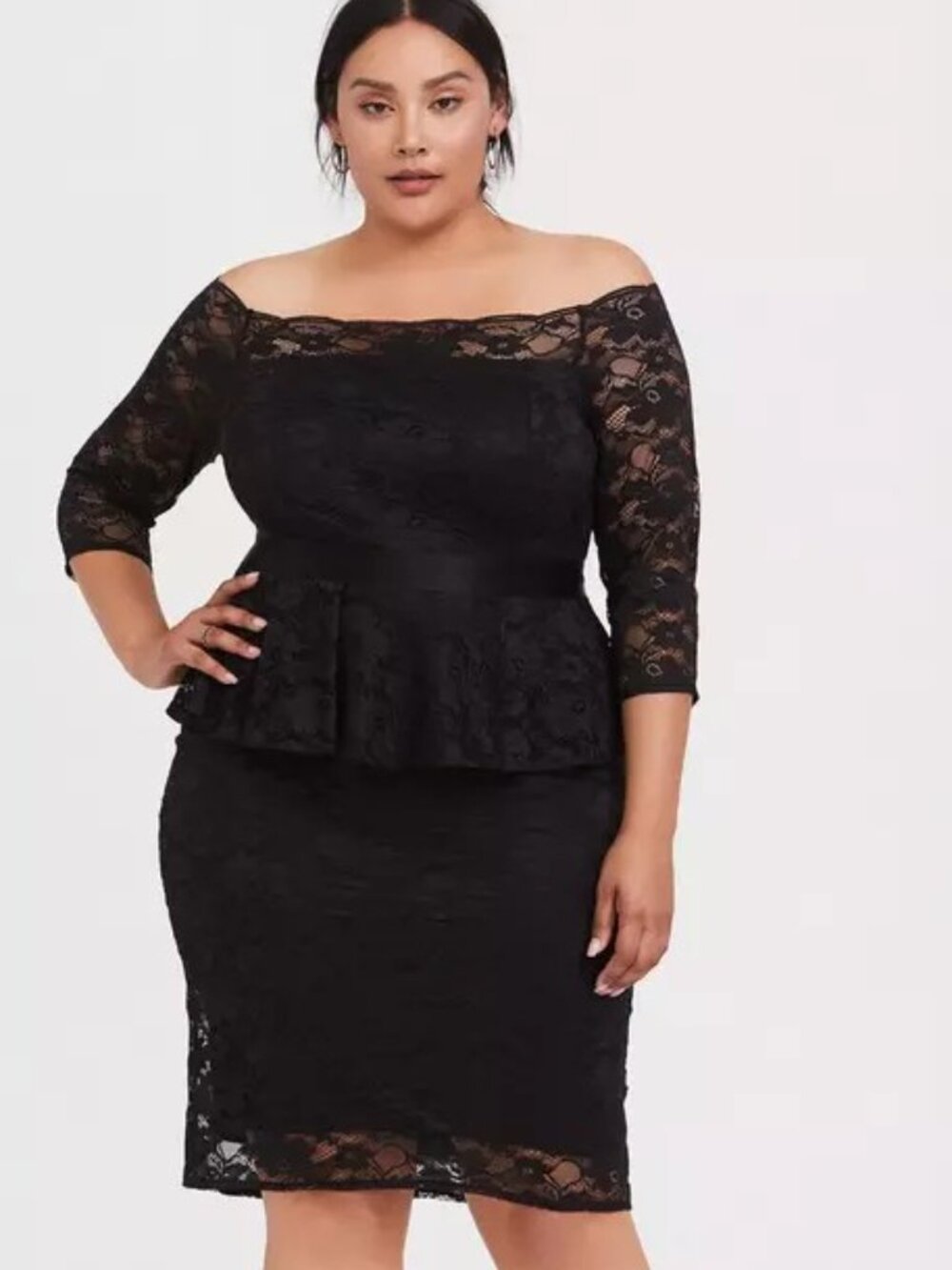 NWT - Torrid Size 20 Black Off The Shoulder 3/4 Sleeve Lace Peplum Shift Dress